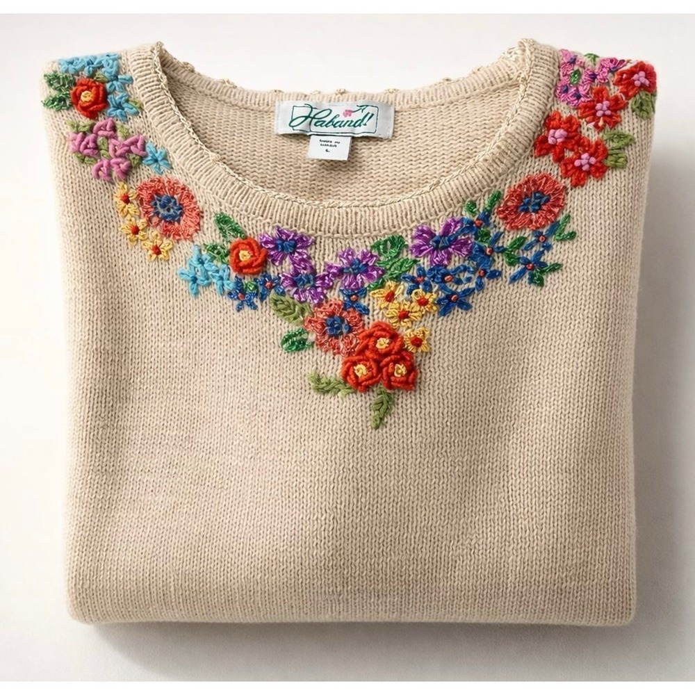 Embroidered Floral Boho Prairie Vintage Haband Sweater Chic Cottagecore-L